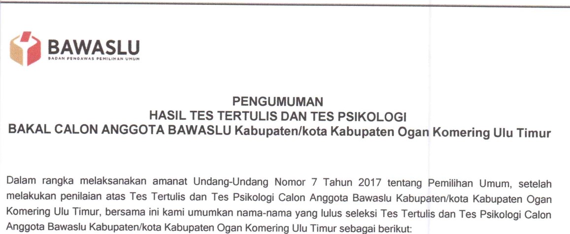 Pengumuman Tes Tertulis dan Tes Psikologi Bakal Calon Anggota BAWASLU Kabupaten OKU Timur