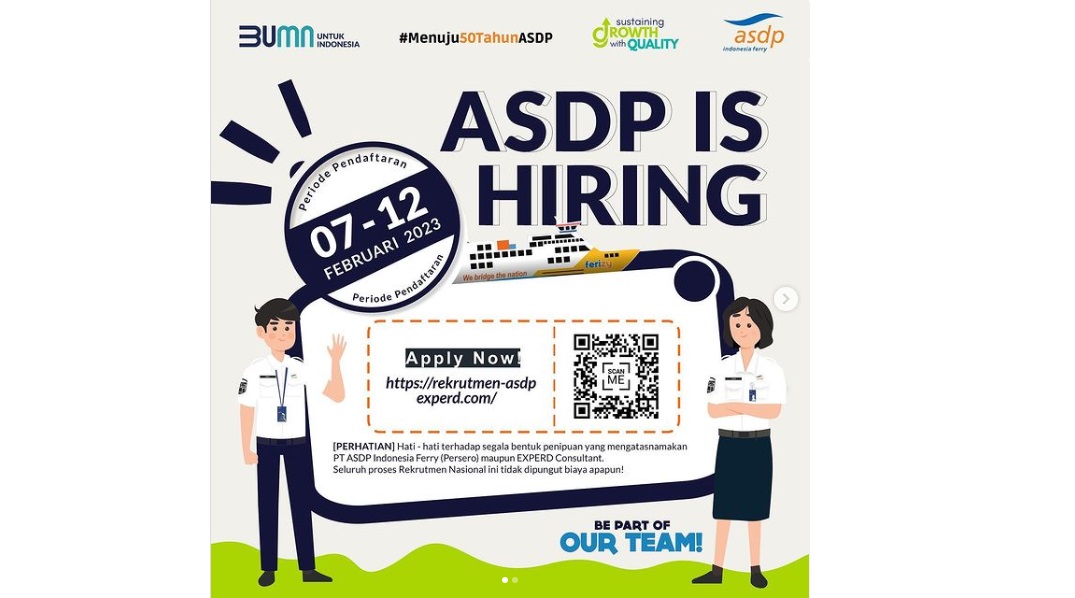Lowongan Kerja 2023: PT ASDP Buka 30 Posisi Kosong, Terbuka untuk Umum dan Gratis