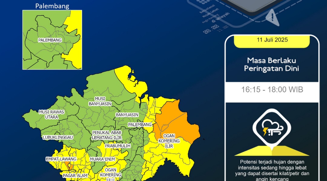 Peringatan Cuaca Wilayah Sumatera Selatan dan Sekitarnya, Berpotensi Hujan disertai Kilat dan Angin Kencang