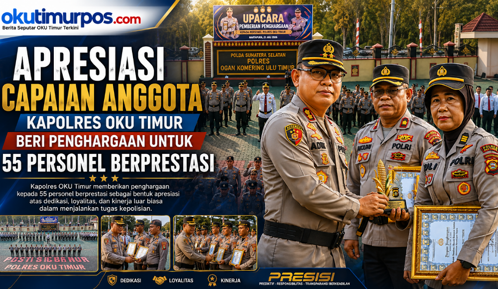 Apresiasi Capaian Anggota, Kapolres OKU Timur Beri Penghargaan untuk 55 Personel Berprestasi