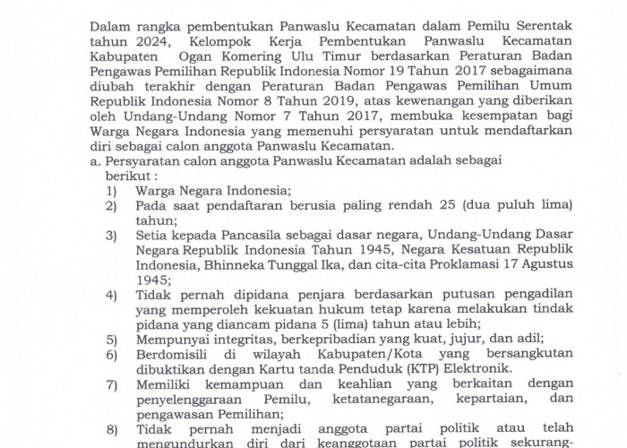 PENGUMUMAN PENDAFTARAN CALON ANGGOTA PANWASLU KECEMATAN DALAM RANGKA PEMILU SERENTAK TAHUN 2024