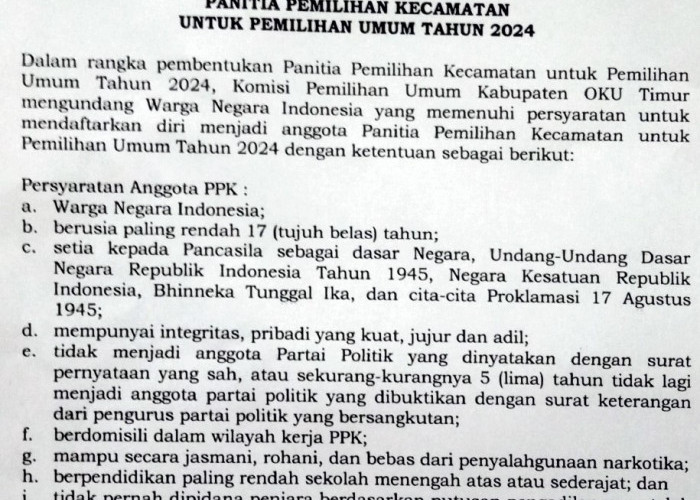 PENGUMUMAN SELEKSI CALON ANGGOTA PANITIA PEMILIHAN KECAMATAN UNTUK PEMILIHAN UMUM TAHUN 2024