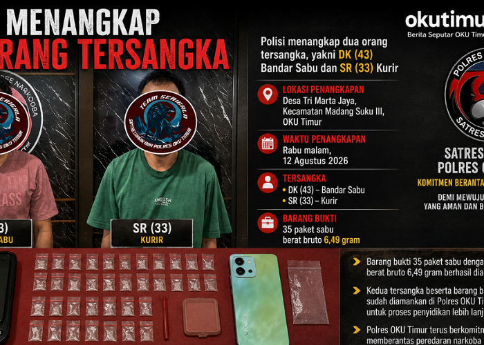 Polres OKU Timur Bekuk Bandar dan Kurir Sabu di Madang Suku III